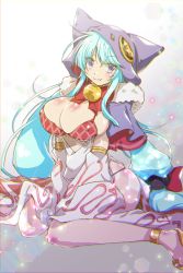Rule 34 | 1girl, animal hat, blue hair, blush, body blush, breasts, cleavage, closed mouth, commentary request, commission, crossover, detached sleeves, dress, full body, hat, highres, kamihime project, large breasts, long hair, looking at viewer, low-tied long hair, merlin (kamihime project), purple eyes, purple hat, ragnarok online, sandals, side slit, sitting, skeb commission, sleeveless, sleeveless dress, smile, solo, sorcerer (ragnarok online), tanono, twintails, very long hair, wariza, white dress, white sleeves