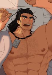 Rule 34 | 1boy, abs, bara, bead necklace, beads, beard stubble, black hair, blush, crave saga, dark-skinned male, dark skin, facial hair, ginjimaru (crave saga), held down, hickey, jewelry, large pectorals, long hair, looking at viewer, male focus, muscular, muscular male, nattukre, necklace, nipples, pectorals, pov, restrained, scar, scar on face, scar on nose, solo, sparse chest hair, stubble, tearing up, thick eyebrows, v-shaped eyebrows