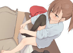 Rule 34 | 1girl, backpack, bag, barefoot, black thighhighs, blue sweater, blush, brown background, brown eyes, brown hair, chair, closed mouth, collarbone, commentary request, female focus, highres, knee up, looking away, no shoes, original, randoseru, renga (yakihebi), single thighhigh, sitting, solo, sweater, thighhighs, two-tone background, white background, yakihebi