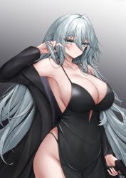 Rule 34 | 1girl, absurdres, azur lane, bare shoulders, black dress, blush, breasts, cleavage, closed mouth, collarbone, dress, gradient background, grey eyes, grey hair, gun, hair between eyes, hand in own hair, highres, holding, holding gun, holding weapon, large breasts, long hair, long sleeves, looking at viewer, off shoulder, simple background, solo, sovetsky soyuz (azur lane), sovetsky soyuz (skyfall agent) (azur lane), ueyama 0clock, weapon