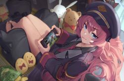 Rule 34 | 1girl, :p, absurdres, armband, bag of chips, barefoot, blue archive, chips (food), coat, food, handheld game console, hat, highres, indoors, iroha (blue archive), jacket, jaws (okdol0928), military, military hat, military jacket, military uniform, necktie, open clothes, open jacket, peaked cap, playing games, potato chips, red hair, red necktie, safety pin, sitting, snack, solo, stuffed animal, stuffed rabbit, stuffed toy, teddy bear, tongue, tongue out, uniform