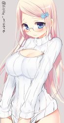 Rule 34 | 1girl, bad id, bad twitter id, blue eyes, blush, breasts, cleavage, cleavage cutout, clothing cutout, female focus, glasses, hair ornament, hairclip, kurot, large breasts, long hair, long sleeves, looking at viewer, meme attire, open-chest sweater, original, pink hair, ribbed sweater, rimless eyewear, simple background, sketch, solo, sweater, turtleneck, twitter username