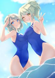Rule 34 | 2girls, absurdres, beach, blonde hair, blue eyes, blue one-piece swimsuit, blue sky, blush, braid, breast press, breasts, cloud, competition swimsuit, covered navel, day, french braid, from side, grey hair, hair between eyes, highres, in-franchise crossover, kobayashi nyoromichi, long hair, looking at viewer, love live!, love live! nijigasaki high school idol club, love live! sunshine!!, medium breasts, miyashita ai, multiple girls, ocean, one-piece swimsuit, outdoors, ponytail, salute, school swimsuit, short hair, sky, swept bangs, swimsuit, thighs, v, watanabe you, water
