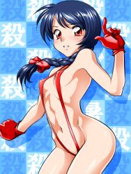Rule 34 | 1girl, bad id, bad nijie id, blue hair, bow, braid, breasts, covered erect nipples, cowboy shot, female focus, funnyari, gloves, hair bow, long hair, mitsumete knight, navel, parted lips, raizze haimer, red eyes, slingshot swimsuit, small breasts, solo, swimsuit