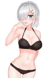 Rule 34 | 1girl, absurdres, arm behind back, bare arms, bare shoulders, black bra, black panties, blue eyes, blush, bra, breasts, cleavage, collarbone, dutch angle, finger to mouth, grey hair, groin, hair ornament, hair over one eye, hairclip, hamakaze (kancolle), hand up, highres, hoshibudou, kantai collection, large breasts, navel, open mouth, panties, short hair, simple background, smile, solo, stomach, underwear, underwear only, white background