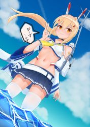Rule 34 | 1girl, absurdres, ascot, ayanami (azur lane), azur lane, bandaid, bandaid on arm, bare shoulders, belt, blue sailor collar, blue skirt, blue sky, blurry, blush, breasts, choker, cloud, cloudy sky, collarbone, commentary request, cowboy shot, crop top, day, depth of field, detached sleeves, dutch angle, floating hair, groin, hair between eyes, hair ornament, hairclip, headgear, high ponytail, highres, horizon, in water, long hair, looking at viewer, looking to the side, machinery, midriff, navel, neckerchief, ocean, orange eyes, outdoors, platinum blonde hair, pleated skirt, ponytail, retrofit (azur lane), ribbon-trimmed sleeves, ribbon trim, rigging, sailor collar, school uniform, searchlight, serafuku, shirt, sidelocks, skindentation, skirt, sky, sleeveless, sleeveless shirt, small breasts, solo, standing, thighhighs, translation request, turret, underboob, utsuro (lyons), v, wading, white belt, white shirt, white sleeves, white thighhighs, wide sleeves, wind, yellow neckwear, zettai ryouiki