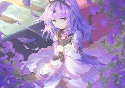 Rule 34 | 1girl, black ribbon, commentary request, curtained hair, dress, eiyuu densetsu, flower, flower bed, hair tie, highres, holding, holding stuffed toy, looking at viewer, medium hair, purple hair, renne (eiyuu densetsu), ribbon, sitting, solo, sora no kiseki, stuffed animal, stuffed rabbit, stuffed toy, tipto-eb, white dress, yellow eyes