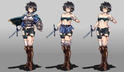 Rule 34 | 1girl, armor, armor break, belt, bike shorts, black hair, blush, boots, breasts, broken, broken sword, broken weapon, buckler, cape, character sheet, chest belt, commentary request, frown, full body, highres, holding, holding sword, holding weapon, knee high boots, leather, leather boots, looking at viewer, medium breasts, original, rapier, shield, short hair, simple background, skirt, smile, solo, standing, sword, thighhighs, torn clothes, udetamago, weapon, yellow eyes