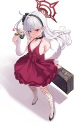 Rule 34 | 1girl, absurdres, bag, black choker, black footwear, black hairband, blue archive, blush, breasts, choker, closed mouth, collarbone, dress, earrings, fishnet pantyhose, fishnets, full body, grey hair, hairband, halo, highres, holding, holding bag, jewelry, letco2766, long hair, mutsuki (blue archive), mutsuki (dress) (blue archive), official alternate costume, pantyhose, pointy ears, red dress, red eyes, red halo, shoes, simple background, small breasts, solo, tongue, tongue out, white background