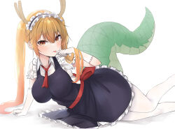 Rule 34 | 1girl, absurdres, ascot, black dress, breasts, commentary, dragon girl, dragon horns, dragon tail, dress, feet out of frame, gloves, highres, horns, kobayashi-san chi no maidragon, large breasts, long hair, looking at viewer, maid, maid headdress, orange eyes, orange hair, pantyhose, red ascot, short sleeves, simple background, solo, tail, tohru (maidragon), twintails, white background, white gloves, white pantyhose, yuzi (32745637280)