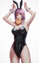 Rule 34 | 1girl, alternate breast size, alternate costume, animal ears, artist name, black leotard, bread slice, chainsaw man, detached collar, fake animal ears, fami (chainsaw man), food, food in mouth, highres, leotard, looking at viewer, mole, mole on cheek, mole under eye, mole under mouth, mouth hold, multiple moles, pink eyes, playboy bunny, purple hair, rabbit ears, rabbit pose, ringed eyes, short hair, simple background, solo, staryoruu, strapless, strapless leotard, toast, toast in mouth, traffic light, white background, wrist cuffs