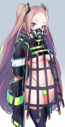 Rule 34 | 1girl, armband, belt buckle, bikini, bikini bottom only, black jacket, black thighhighs, blue eyes, breasts, brown hair, buckle, commentary request, cowboy shot, crop top, ear piercing, forehead, gas mask, gradient background, green bikini, hair ornament, highleg, highleg bikini, highres, jacket, konnyaku (kk-monmon), long hair, long sleeves, looking at viewer, mask, no bra, open clothes, open jacket, original, parted bangs, piercing, skindentation, sleeves past fingers, sleeves past wrists, solo, stomach, string bikini, swimsuit, thighhighs, two side up, underboob, very long hair, white background
