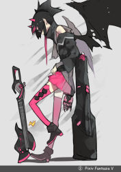 Rule 34 | 1girl, ankle boots, asymmetrical clothes, bad id, bad pixiv id, black theme, boots, claws, covering privates, covering face, dragon girl, dragon wings, electric guitar, guitar, guitar case, gyaku tsubasa, horns, instrument, instrument case, jacket, leaning, monster girl, multicolored clothes, multicolored hair, multicolored legwear, pink theme, pixiv fantasia, pixiv fantasia 5, print legwear, shirt, sidelocks, skirt, sleeveless, sleeveless shirt, sunglasses, thighhighs, wings