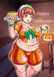Rule 34 | 1girl, belly, breasts, brown eyes, brown hair, english text, fat, halloween, highres, large breasts, maid headdress, open mouth, orizen, pumpkin, sagging breasts, short hair, smile, solo, standing, thick thighs, thighs