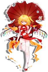 Rule 34 | 1girl, alternate costume, artist request, blonde hair, china dress, chinese clothes, chinese commentary, commentary request, crossed bandaids, crystal, dress, fang, flandre scarlet, gloves, high heels, highres, holding, holding umbrella, looking at viewer, multicolored wings, navel, no headwear, non-web source, official art, one eye closed, one side up, pointy ears, red eyes, red footwear, red gloves, shadow, shoes, side ponytail, single shoe, smile, thighhighs, torn clothes, torn dress, torn thighhighs, torn umbrella, touhou, touhou hero of ice fairy, transparent background, umbrella, white thighhighs, wings
