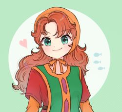 Rule 34 | 1girl, closed mouth, curly hair, dragon quest, dragon quest vii, dress, green eyes, highres, hood, long hair, looking at viewer, maribel (dq7), orange hair, parted bangs, simple background, smile, solo
