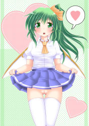 Rule 34 | 1girl, ascot, clothes lift, daiyousei, green eyes, green hair, halftone, halftone background, highres, long hair, no panties, open mouth, pussy, skirt, skirt lift, solo, tooculi, touhou, uncensored