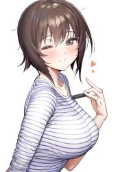 Rule 34 | 1girl, ameyame, blush, breasts, brown eyes, brown hair, closed mouth, girls und panzer, heart, highres, large breasts, looking at viewer, nishizumi maho, one eye closed, shirt, short hair, simple background, smile, solo, striped clothes, striped shirt, upper body, white background, white shirt