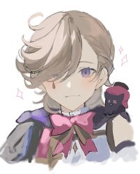 Rule 34 | 1boy, animal, animal on shoulder, aroha252538, black cat, blush, bow, bowtie, cat, cat on shoulder, chibi, closed mouth, genshin impact, grey hair, hair over one eye, highres, looking at viewer, lyney (genshin impact), male focus, no headwear, pink bow, portrait, purple eyes, short hair, simple background, sketch, smile, solo, sparkle, white background