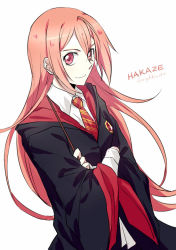 Rule 34 | 1girl, ahoge, black cape, cape, character name, collared shirt, cosplay, crossed arms, floating hair, hair between eyes, harry potter (series), hogwarts school uniform, holding, holding wand, kusaribe hakaze, long hair, looking at viewer, necktie, red eyes, red hair, red necktie, rena (renasight), school uniform, shirt, simple background, smile, solo, standing, striped necktie, striped neckwear, upper body, very long hair, wand, white background, white shirt, wing collar, wizarding world, zetsuen no tempest
