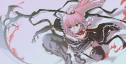 Rule 34 | 1girl, absurdres, alternate costume, bad id, bad twitter id, black dress, black gloves, blood, bloody weapon, dress, elbow gloves, floating hair, frilled dress, frills, gloves, highres, holding, holding scythe, holding weapon, hololive, hololive english, long hair, looking to the side, mori calliope, open hands, red eyes, scythe, set7, solo, squatting, tiara, virtual youtuber, weapon