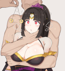 Rule 34 | 1girl, 2boys, black hair, breasts, bright pupils, circlet, cleavage, drooling, empty eyes, faceless, faceless male, grabbing another&#039;s chin, hand on another&#039;s chin, highres, hypnosis, jg803, kunoichi zero, large breasts, last origin, long hair, mind control, multiple boys, red eyes, saliva, tiara, white pupils