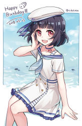 Rule 34 | 1girl, :d, anchor print, bang dream!, black hair, blue choker, blue neckerchief, blue ribbon, buttons, chocolate cornet, choker, dated, double-breasted, dress, food, hand on own cheek, hand on own face, happy birthday, hat, hat ribbon, looking at viewer, mujun atama, neckerchief, ocean, open mouth, red eyes, ribbon, sailor dress, sailor hat, short hair, short sleeves, sitting, smile, solo, twitter username, ushigome rimi, white dress, white hat