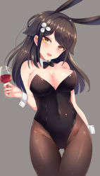 Rule 34 | 1girl, animal ears, azur lane, black bow, black bowtie, black hair, black leotard, black pantyhose, bow, bowtie, breasts, choukai (azur lane), cowboy shot, cup, detached collar, dog ears, drinking glass, fake animal ears, flower, gluteal fold, grey background, hair between eyes, hair flower, hair ornament, highres, large breasts, leotard, long hair, looking at viewer, looking to the side, pantyhose, playboy bunny, qi ye shao yan, rabbit ears, rabbit girl, simple background, solo, thigh gap, wine glass, wrist cuffs, yellow eyes