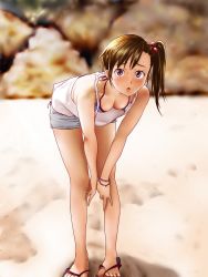 Rule 34 | 10s, 1girl, :o, beach, bent over, bikini, bikini top only, bikini under clothes, blush, bracelet, breasts, brown hair, camisole, cleavage, downblouse, feet, futami mami, hair bobbles, hair ornament, highres, idolmaster, idolmaster (classic), idolmaster 2, jewelry, kamui (summer-illusion), leaning forward, looking at viewer, open mouth, purple eyes, sandals, shorts, side ponytail, small breasts, solo, standing, swimsuit, swimsuit under clothes, toes, v arms