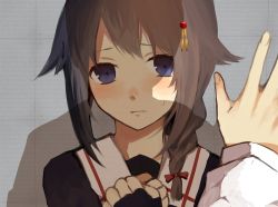 Rule 34 | 10s, 1girl, admiral (kancolle), bad id, bad pixiv id, blue eyes, blush, braid, brown hair, fingernails, frown, hair ornament, hamnoboru, hand on own chest, kabedon, kantai collection, looking at viewer, nervous, own hands clasped, own hands together, pov, school uniform, serafuku, shadow, shigure (kancolle), side braid, solo focus, sweat, sweatdrop