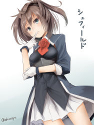 Rule 34 | 1girl, akino shuu, ascot, blue eyes, blush, brown hair, character name, clenched teeth, cowboy shot, flower, gloves, hair between eyes, kantai collection, long sleeves, medium hair, messy hair, military, military uniform, pleated skirt, ponytail, red ascot, red flower, red rose, rose, sheffield (kancolle), skirt, solo, teeth, twitter username, uniform, white gloves, white skirt