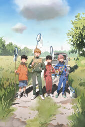 Rule 34 | 4boys, :d, absurdres, ankle socks, blonde hair, blue hoodie, blue pants, blue sky, bowl cut, brothers, bucket hat, bug, bug hunting, butterfly net, cargo shorts, dragonfly, grass, green pants, green track suit, hanazawa teruki, hand in pocket, hand net, hat, helenpeanut, highres, holding, holding butterfly net, hood, hood down, hoodie, insect, insect cage, jacket, kageyama ritsu, kageyama shigeo, male focus, mob psycho 100, motor vehicle, multiple boys, nudge, open mouth, orange hoodie, outdoors, pants, pickup truck, pink headwear, red pants, red track suit, reigen arataka, shoes, short hair, shorts, siblings, sky, smile, sneakers, socks, track jacket, track pants, truck, white footwear