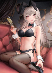 Rule 34 | 1girl, :d, animal ears, armpit crease, bare arms, bare shoulders, bikini, black bikini, black footwear, bow, bowtie, breasts, brown thighhighs, chaise longue, champagne flute, cleavage, couch, cup, detached collar, drinking glass, earrings, fake animal ears, halterneck, hand up, high heels, highleg, holding, holding cup, indoors, jewelry, large breasts, leotard, long hair, looking at viewer, midriff, naughty face, navel, no bra, on couch, open mouth, original, playboy bunny, rabbit ears, red eyes, shiba 0, side-tie bikini bottom, sidelocks, silver hair, sitting, smile, solo, stomach, string bikini, swimsuit, thighhighs, thighs, wrist cuffs