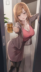 Rule 34 | 1girl, :d, beer can, black pantyhose, blush, breasts, brown eyes, brown hair, brown jacket, brown skirt, can, cleavage, doorway, drink can, feet out of frame, highres, holding, holding can, indoors, jacket, kuza brs, large breasts, long hair, looking at viewer, open clothes, open door, open jacket, open mouth, original, pantyhose, red shirt, shirt, skirt, smile, solo, standing