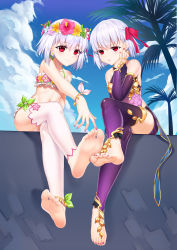 Rule 34 | 2girls, absurdres, armlet, armor, bare shoulders, barefoot, bikini, bikini armor, blue sky, blush, bracelet, breasts, closed mouth, collar, collarbone, crossed legs, detached leggings, detached sleeves, dress, dual persona, earrings, fate/grand order, fate (series), feet, female focus, fingernails, floral print, flower wreath, foot focus, foreshortening, full body, green bikini, hair ornament, hair ribbon, head wreath, highres, jewelry, kama (fate), kama (first ascension) (fate), kama (swimsuit avenger) (fate), kama (swimsuit avenger) (first ascension) (fate), legs, looking at viewer, metal collar, miniskirt, multiple girls, nail polish, navel, outdoors, palm tree, parted lips, pelvic curtain, pink nails, pink ribbon, purple dress, purple legwear, purple skirt, purple sleeves, red eyes, ribbon, ring, servant (fate), shiny clothes, shiny skin, short hair, silver hair, sitting, skirt, sky, small breasts, smile, soles, swimsuit, thighhighs, toenail polish, toenails, toes, tree, white legwear, xo (xo17800108)