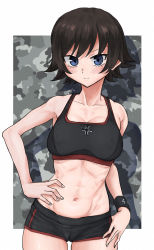 Rule 34 | 10s, 1girl, abs, black shorts, black sports bra, blue eyes, blush, breasts, brown hair, camouflage background, cleavage, closed mouth, commentary, covered erect nipples, cowboy shot, cross, emblem, girls und panzer, gym shorts, hand on own hip, highres, iron cross, looking at viewer, mauko (girls und panzer), medium breasts, navel, outside border, shadow, short hair, short shorts, shorts, smile, solo, sports bra, standing, toku (yhpv8752), wristband