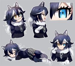 Rule 34 | 10s, 1girl, animal ears, bad id, bad pixiv id, black hair, blue eyes, breast pocket, breasts, fur collar, gloves, grey background, grey wolf (kemono friends), heterochromia, kemono friends, large breasts, long hair, long sleeves, looking at viewer, multicolored hair, necktie, open mouth, pencil, pocket, simple background, skirt, sleeping, solo, tail, trembling, two-tone hair, wolf ears, wolf tail, yellow eyes