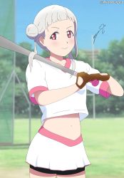 Rule 34 | 1girl, absurdres, alter real zero, arashi chisato, artist name, artist request, baseball bat, baseball uniform, blue sky, blurry, blurry background, blush, breasts, brown gloves, cloud, collarbone, day, double bun, female focus, flat chest, gloves, hair bun, hair tie, highres, holding, holding baseball bat, long hair, looking at viewer, love live!, love live! superstar!!, miniskirt, outdoors, parted lips, plaid, plaid skirt, pleated, pleated skirt, red eyes, shirt, short sleeves, skirt, sky, small breasts, smile, solo, sportswear, white hair, white shirt, white skirt