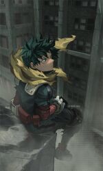Rule 34 | 1boy, belt, boku no hero academia, building, city, closed mouth, freckles, gloves, green eyes, green hair, green jumpsuit, highres, jumpsuit, knee pads, male focus, midoriya izuku, on roof, outdoors, red belt, scarf, short hair, sitting, solo, spiked hair, superhero costume, utility belt, yellow scarf, yeol2510