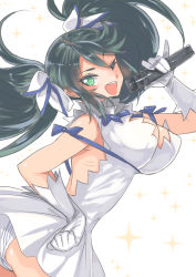 Rule 34 | 10s, 1girl, ;d, bare shoulders, black hair, breasts, cleavage, cleavage cutout, clothing cutout, cosplay, dress, dungeon ni deai wo motomeru no wa machigatteiru darou ka, female focus, gloves, green eyes, hair ribbon, hand on own hip, hestia (danmachi), hestia (danmachi) (cosplay), isuzu (kancolle), kantai collection, large breasts, long hair, looking at viewer, microphone, one eye closed, open mouth, panties, pinky out, rei no himo, ribbon, sensen, simple background, smile, solo, teeth, twintails, underwear, white dress, white gloves, white panties