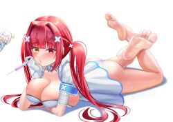 Rule 34 | 1girl, absurdres, alternate breast size, amane kanata, amane kanata (nurse), amane kanata (cosplay), ass, bandaged arm, bandages, bare legs, barefoot, breasts, chibi, chibi inset, cleavage, cosplay, detached collar, dress, eyelashes, feet, feet up, gloves, hair intakes, hair ornament, heterochromia, highres, holding, holding syringe, hololive, houshou marine, jagoo, large breasts, legs, long hair, looking at viewer, lying, o3o, official alternate costume, on stomach, open mouth, panties, purple eyes, red eyes, red hair, shiny clothes, short dress, short sleeves, simple background, skindentation, smile, soles, solo, syringe, the pose, thighs, toes, twintails, underwear, virtual youtuber, white background, white dress, white gloves, white panties, x hair ornament, yellow eyes