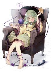 Rule 34 | 1girl, :d, armchair, barefoot, black hat, brooch, cable, chair, commentary request, floral print, frilled shirt collar, frilled sleeves, frills, full body, green eyes, green hair, green skirt, hair between eyes, hand up, hat, hat ribbon, heart, heart of string, highres, jewelry, koishi day, komeiji koishi, long sleeves, looking at viewer, open mouth, petticoat, phone, ribbon, shadow, shirt, short hair, sitting, skirt, smile, solo, third eye, touhou, white background, wide sleeves, yellow ribbon, yellow shirt, yuki (popopo)