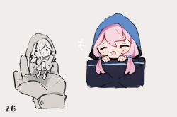 Rule 34 | 1girl, arknights, blue jacket, blue poison (arknights), blush, chibi, closed eyes, commentary, dancing, english commentary, grey background, hood, hood up, hooded jacket, jacket, long hair, long sleeves, low twintails, mini person, multiple views, open clothes, open jacket, open mouth, pink hair, pocket, ruri (dailybloopy), simple background, smile, standing, twintails