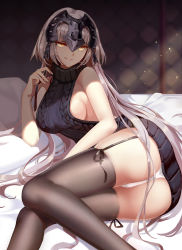 Rule 34 | 1girl, alternate costume, aran sweater, ass, backless dress, backless outfit, bare shoulders, bed sheet, black dress, black sweater, black thighhighs, breasts, brown thighhighs, cable knit, d. (ddot2018), dress, fate/grand order, fate (series), fingernails, from side, garter straps, hair down, hair ribbon, halterneck, hand up, headpiece, jeanne d&#039;arc (fate), jeanne d&#039;arc alter (avenger) (fate), jeanne d&#039;arc alter (fate), large breasts, light particles, long hair, looking at viewer, lying, medium breasts, meme attire, no bra, on bed, on side, panties, pantyshot, pillow, ribbed sweater, ribbon, shade, sideboob, silver hair, sleeveless, sleeveless turtleneck, smile, solo, sunlight, sweater, sweater dress, thighhighs, tress ribbon, turtleneck, turtleneck sweater, underwear, very long hair, virgin killer sweater, white panties, yellow eyes