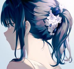 Rule 34 | 1girl, achiki, bare shoulders, blue hair, commentary request, flower, gradient background, grey background, hair between eyes, hair flower, hair ornament, looking away, nape, original, ponytail, portrait, purple eyes, sleeveless, solo, white flower