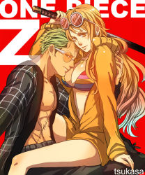 Rule 34 | 1boy, 1girl, artist name, bespectacled, bikini, bikini top only, breasts, cleavage, copyright name, couple, earrings, eyewear on head, glasses, green hair, hetero, jacket, jewelry, jinnai tsukasa, large breasts, long hair, looking at viewer, multicolored bikini, multicolored clothes, nami (one piece), necklace, one piece, one piece film: z, open clothes, open jacket, open shirt, orange eyes, orange hair, pectorals, red background, roronoa zoro, scar, shirt, short hair, sitting, sitting on lap, sitting on person, smile, straddling, striped bikini, striped clothes, sunglasses, swimsuit, sword, topless male, very long hair, weapon