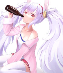Rule 34 | 1girl, absurdres, animal ears, azur lane, between legs, bottle, breasts, camisole, cleavage, collarbone, commentary, cowboy shot, fake animal ears, fur-trimmed jacket, fur trim, glass bottle, hair between eyes, hair ornament, hairband, hand between legs, hand up, highres, holding, holding bottle, jacket, laffey (azur lane), long hair, long sleeves, looking at viewer, medium breasts, off-shoulder jacket, off shoulder, open clothes, open jacket, pink jacket, pleated skirt, rabbit ears, red eyes, red hairband, red skirt, sidelocks, simple background, single bare shoulder, sitting, skirt, solo, strap slip, thighhighs, twintails, very long hair, wariza, white background, white camisole, white hair, white thighhighs, yatarime, zettai ryouiki
