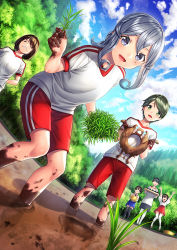 Rule 34 | 6+girls, aged down, akagi (kancolle), alternate costume, arms up, black hair, black legwear, blue eyes, blue hair, blush, brown eyes, brown hair, closed eyes, closed mouth, cloud, collarbone, commentary request, crying, day, dirty, enemy lifebuoy (kancolle), field, gotland (kancolle), green eyes, green hair, grimace, gym uniform, hair between eyes, hair bun, hakama, hakama short skirt, hakama skirt, holding, holding tray, houshou (kancolle), hyuuga (kancolle), japanese clothes, kaga (kancolle), kantai collection, kettle, long hair, looking at viewer, mogami (kancolle), mole, mole under eye, mountain, mud, multiple girls, open mouth, outdoors, pain, planting, rice paddy, rice planting, shirt, short hair, short sleeves, shorts, side ponytail, single hair bun, skirt, sky, smile, standing, swept bangs, tears, thighhighs, tray, tree, unowen, white legwear, white shirt