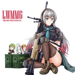 Rule 34 | 1girl, absurdres, black shirt, black thighhighs, blue eyes, blue necktie, box, breasts, brown footwear, character name, closed mouth, english text, general-purpose machine gun, general dynamics, girls&#039; frontline, gloves, gongbangmanchi (daisy cutter), grey gloves, grey hair, gun, headphones, highres, holding, holding weapon, lightweight medium machine gun, lonestar future weapons, long hair, looking at viewer, lwmmg (girls&#039; frontline), lwmmg (mod3) (girls&#039; frontline), machine gun, multicolored hair, necktie, norma precision, on floor, prototype design, shirt, solo, thighhighs, thighs, true velocity, walkie-talkie, weapon, white background
