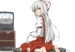 Rule 34 | 1girl, albino, back, barefoot, bow, fujiwara no mokou, hair bow, hair ornament, jpeg artifacts, long hair, long sleeves, looking at viewer, looking back, md5 mismatch, pants, playing games, puffy sleeves, red eyes, resized, resolution mismatch, shirt, simple background, solo, source larger, television, terimayo, touhou, video game, white background, white hair